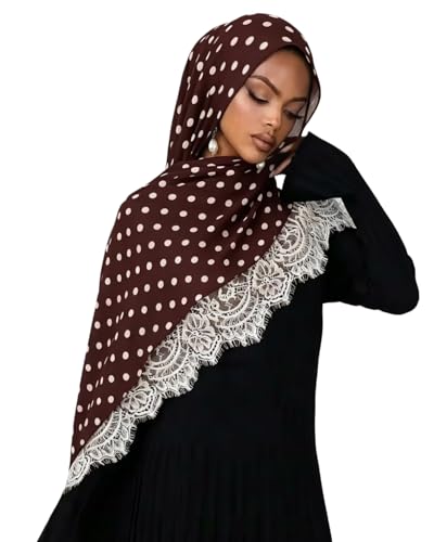 JUMISEE Elegant Floral Lace Hijab Scarf for Women Soft Cotton Head Wrap Instant Hijab Long Scarves Evening Dress Shawl - color: Coffee Polka Dot