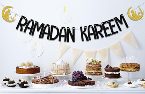 Ramadan Kareem Banner,Eid Mubarak Party Decor,Ramadan Mubarak,Umrah Mubarak,Islamic Muslim Kareem Ramadan Party Decor Supplies Black Gold