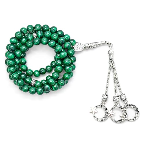 Amazing Gemstone Malachite Tasbeeh with Moon and Star Charm - Certified Crystal Muslim Prayer Beads Natural Gemstone Tasbih Gift for Ramadan Dhikr and Daily Namaz (S) - color: Malachite