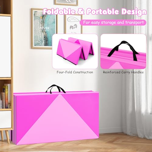 Goplus Gymnastics Mat, Folding Tumbling Mat with Carry Handles, Hook & Loop Fasteners, 4 Panels for Fitness Exercise Yoga Stretching Aerobics Workouts, Thick Gym Mats for Home - color: Pink&Rose
