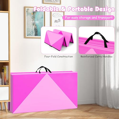 Goplus Gymnastics Mat, Folding Tumbling Mat with Carry Handles, Hook & Loop Fasteners, 4 Panels for Fitness Exercise Yoga Stretching Aerobics Workouts, Thick Gym Mats for Home - color: Pink&Rose