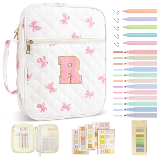 Personalized Initial Bible Cover Case for Women Girls Kid - Large Quilted Bible Case with Handle,Chenille Letter Bag Study Supplies,Christmas Gifts for Christians Birthday Graduation(Pink Bow-R) - color: Pink Bow, size: letter-R