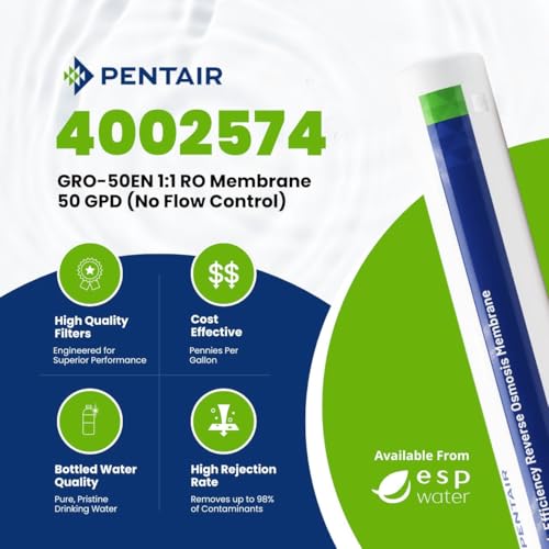 Pentair GRO-50EN RO Membrane 50 GPD No Flow Control 4002574 – 1:1 Ratio High Efficiency TLC Encapsulated Reverse Osmosis Element with 1/4 Inch Quick Connect Fittings and Permeate Check Valve - size: 50 GPD No Flow Control