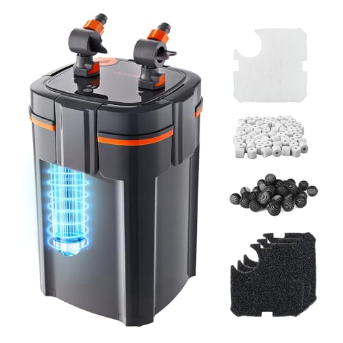 VEVOR 343GPH Canister Filter, 4-Stage External Aquarium Filter with Timed Light, Powerful Pump, Water Circulation Cleaning with Media for Large Fish Tanks & Aquariums Up to 125 Gallons, for Freshwater - size: 343GPH-UV