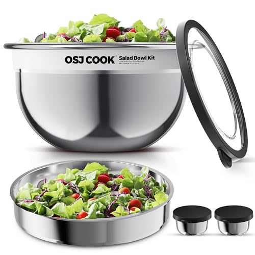 74oz Salad Bowl Kit with Lid & Tray, Scratch-Resistant 18/8 Stainless Steel Salad Bowls To Go For Lunch, Large Leak-Proof Container with 2 Condiment Canisters, Mirror - color: Mirror