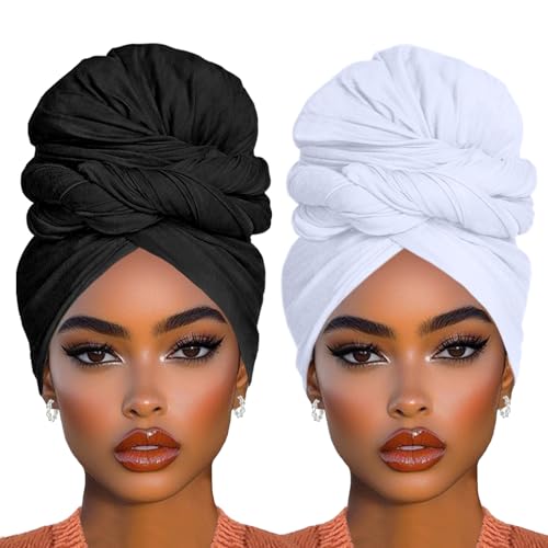 COOKOO 2 Piece Stretch Head Wrap Hijab Extra Jersey Turban Long Solid Color African Head Scarf Long Scarf Fashion Head Scarfs Lightweight Breathable Head Bands for Women(Black+White) - color: Black+ White