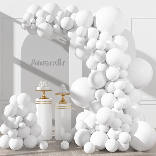 Amandir 153pcs White Balloons Arch Garland Kit Different Sizes 18 12 10 5 Inch Latex Matte White Balloon for Wedding Anniversary Engagement Bridal Shower Birthday Party Decorations - color: White