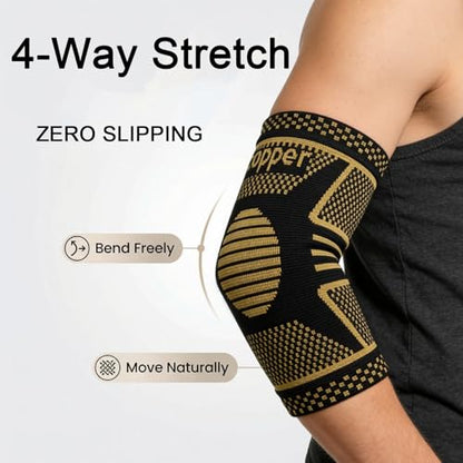 Copper Elbow Compression Sleeve, Tennis Elbow Brace for Men and Women, 4-Way Stretch, Pain Relief, Recovery, Arthritis, Tendonitis, Bursitis (Black-Copper, Medium) - size: Medium