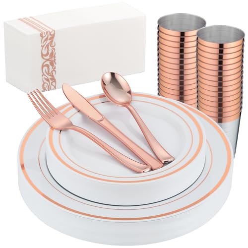 175PCS Rose Gold Dinnerware Set for 25 Guests, Rose Gold Rim Plastic Disposable Plates for Party Wedding Include 25 Dinner Plates, Dessert Plates, Silverware Set, Napkins, Cups - color: Rose Gold, size: 25 Guests