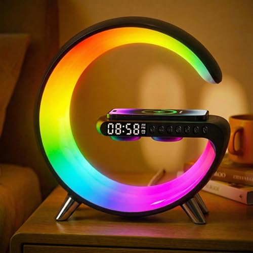 Smart LED Table Lamp for Bedroom with Wireless Charging Bluetooth Speaker, App Controlled Night Light for Kids, Christmas Birthday Gifts for Teens Adults Desk Office Bedroom Decor (Black - color: Black