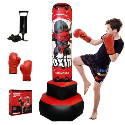 COMMOUDS 67inch Punching Bag for Kids, Inflatable Kids Boxing Set with Gloves, Fast Rebound Punching Bag for Practicing Karate, Taekwondo, MMA, Christmas/Birthday Gift for Boys Girls, Ages 6-14 - color: Red