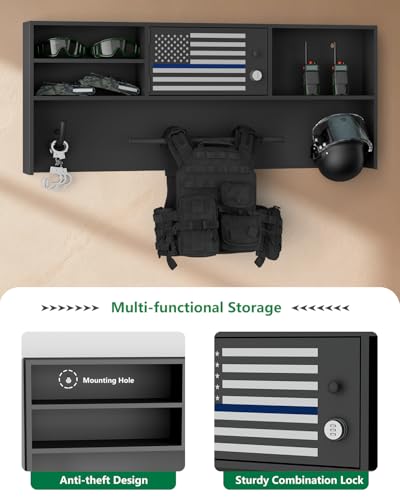 Police Gear Rack,Wall Mounted Lock Safe Police Tactical Vest Hanger | Gun Storage Plate Carrier Tactical Gear Stand with Decorative Flags,Law Enforcement Organizer for Police Veteran Gift