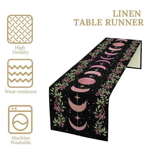 Moon Phase Wisteria Table Runner,Pink Stars Boho Floral Wildflower Moonlit Gothic Kitchen Table Decoration for Holiday Party Study Living Bedroom Dresser Cabin Cafe Wedding Decor 13×60in