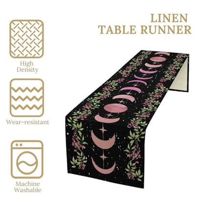 Moon Phase Wisteria Table Runner,Pink Stars Boho Floral Wildflower Moonlit Gothic Kitchen Table Decoration for Holiday Party Study Living Bedroom Dresser Cabin Cafe Wedding Decor 13×60in
