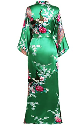 BABEYOND Women's Kimono Robe Long Satin Robes with Peacock and Blossoms Printed Kimono Nightgown - color: Green, size: One Size