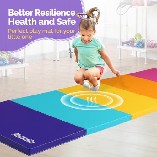 Matladin Folding Gymnastics Gym Exercise Aerobics Mat, 76"L x 30"W x 1.5"Th Folding Exercise Mat, Easy to Clean PU Leather Tumbling Mats for Stretching Yoga Cheerleading Martial Arts, Kid Play(Pink ,Blue） - color: Bright Multi-color
