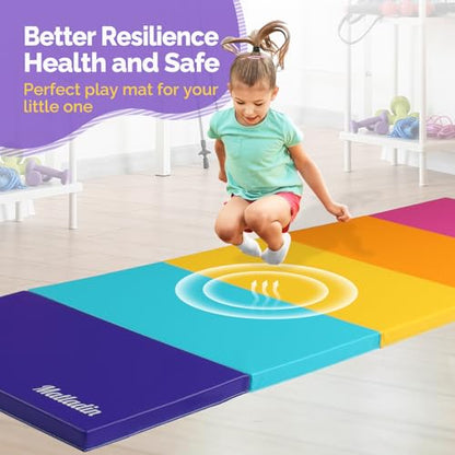 Matladin Folding Gymnastics Gym Exercise Aerobics Mat, 76"L x 30"W x 1.5"Th Folding Exercise Mat, Easy to Clean PU Leather Tumbling Mats for Stretching Yoga Cheerleading Martial Arts, Kid Play(Pink ,Blue） - color: Bright Multi-color