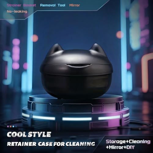 Retainer Case Denture Bath Case Basket Mirror Leak-proof Black Cat | 2-in-1 design Strainer Basket No-Leak Cleaning Case for Mouth Guard Cute Removal Tool,Aligner chewies,Bursh - color: Black Cat