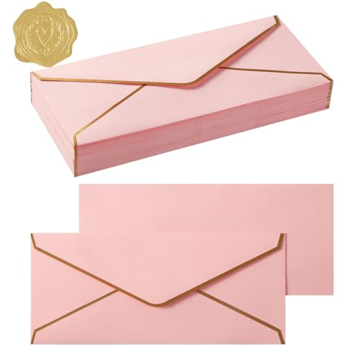 100 Pack #10 Business Envelopes with Gold Stickers, Pink | Self Seal Standard Envelopes with Gold Border, 4 1/8 x 9 1/2 Inches, For Office, Checks, Letter Mailing, Invoices - color: Pink