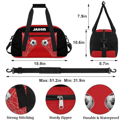 Custom Name Sports Duffel Bags Boys Weekender Bag Black Red Soccer | Personalized Named Practice Travel Overnight Training Bag - color: Color 21