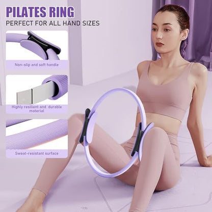 Pilates Ring Set - Home Workout Equipment Set with 12.6'' Magic Circle, 9.8'' Ball, Sliding Disks, Resistance Bands & Training Poster etc, Pilates Kit for Beginners, Fitness Gift Idea