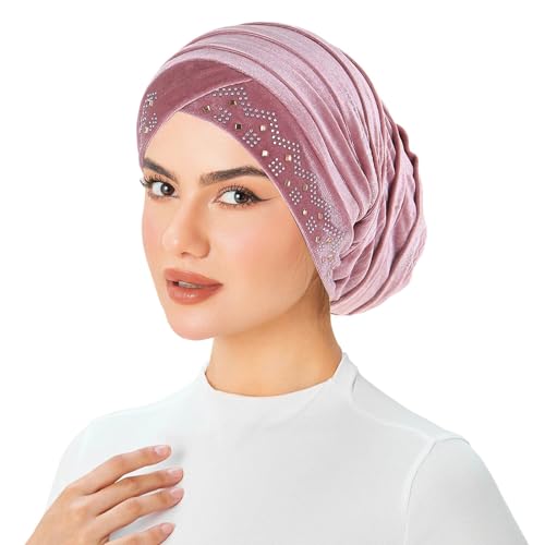 Rhinestone Hijab Turban Hats for Women Beanies Bandana Headwrap Cap Beanies Headwear Headscarf Undercap Turban Hat - color: Pink