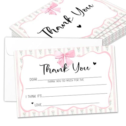 Kids Thank You Cards with Envelopes, Pink Bow Theme Fill in the Blank Thank You Notes for Kids, Toddler Stationery Set, Ideal for Birthday Party, Graduation & School Gag Gifts - B04 - color: Pink Bow Style