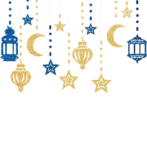 Eid Mubarak Star Moon Lantern Ramadan Garland Ramadan Decoration Hanging Ornaments Home Wall Ramadan Decor Hanging Streamer Backdrop Banner for Muslim Islam Festive Party Birthday Supplies - color: Blue Gold