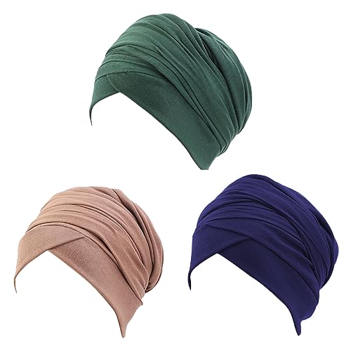 Turban Head Wrap Scarf,African Women' Soft Long Scarf Shawl Hair Bohemian Headwrap Stretch Headband Tie - color: Set F-navy+khaki+dark Green
