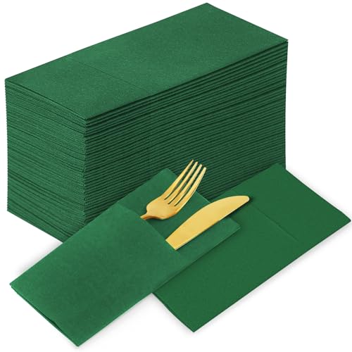 KAMMAK Green Napkin Disposable Cloth Like Dinner Paper Napkins with Pocket 100 Pack Folded Guest Hand Towel for Party Decoration, Wedding Reception, Bathroom, Kitchen, Hotel (16.5 x 16.5 inch) - color: Normal Green