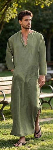 Jacansi Men's 65% Cotton 35% Linen Kaftan Thobe, Long Sleeve Casual Arabic Robe, Loose Long Gown with Pockets - color: Black #1, size: Large