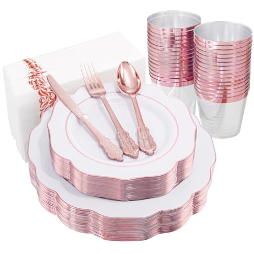 NOCCUR 175PCS Rose Gold Plastic Plates with Disposable Silverware - Include 25Dinner Plates, 25Dessert Plates, 25Forks, 25Knives, 25Spoons, 25Cups, 25Napkins for Party/Wedding/Birthday/Graduation - color: Rose White, size: 175 Pieces (25 Guests)