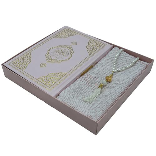 Modefa Prayer Rug Islamic Gift Set - Holy Quran in Arabic - Velvet Box with Quran and Tesbih (Pink) - color: Pink