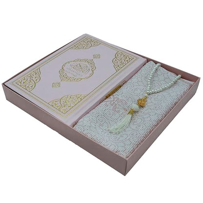Modefa Prayer Rug Islamic Gift Set - Holy Quran in Arabic - Velvet Box with Quran and Tesbih (Pink) - color: Pink