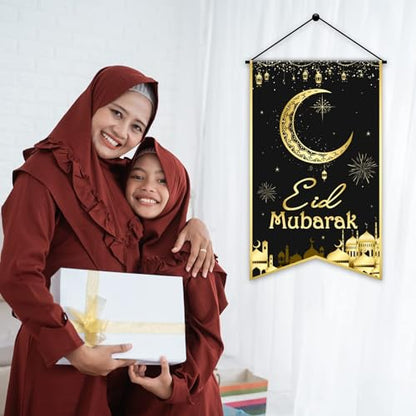 Ramadan EID Mubarak Hanging Door Sign EID Decorative Hanging Sign Party Decorations Black Gold Moon Lantern Banner for Ramadan Kareem Eid Al-Adha Sign Home Decor Happy EID Ramadan Party Supplies Favor - style: Eid Mubarak