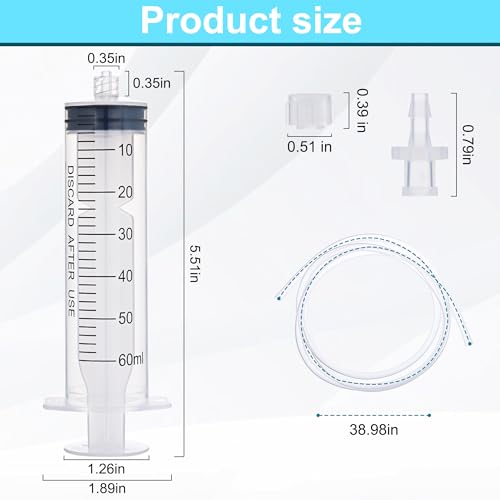 2 Pack 60ml Luer Lock Syringe with 39" Tube and Luer Connectors | 60cc Large Plastic Syringes for Liquid, Oil, Feeding, Watering - size: 60ml