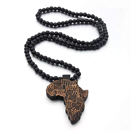 Caiyao Hip-Hop Natural Wood African Map Pendant 8MM Wooden Bead Chain Rosary Necklaces for Men Women-Brown African Map - color: 브라운.
