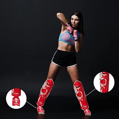 Muay Thai Shin Guards for Kickboxing Martial Arts BJJ Boxing Equipment MMA Training and Sparring Leg Guard with Instep Protection Pads - color: BTF-Red, size: Large/Xlarge