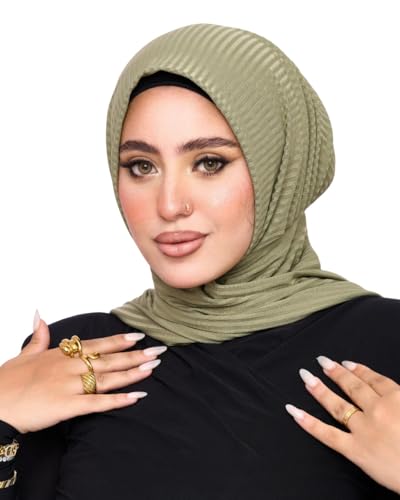 Instant Hijab For Women | Head Wrap100% Cotton Rib Headscarf | Easy to Wear Hijabs with Metal Pin - color: Green