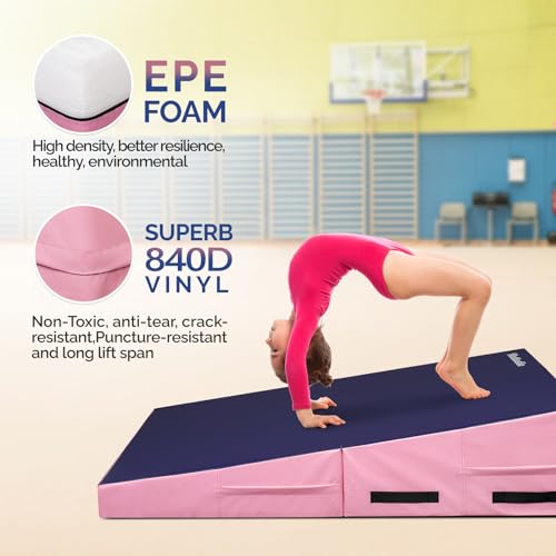Matladin 48"x24"x14" Tumbling Mat - Folding Gymnastics Cheese Wedge Mat for Kids, Girls Home Training - color: Purple & Pink
