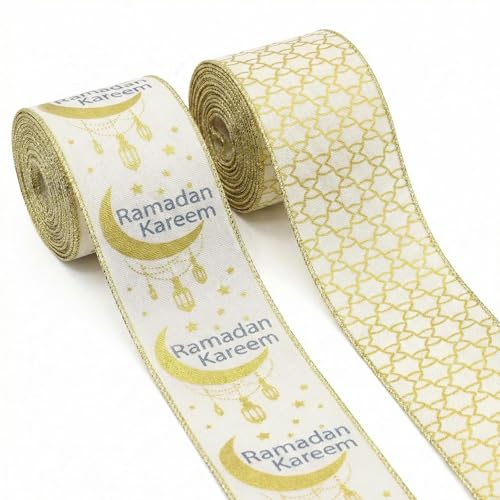 2 Rolls Eid Mubarak Ribbons for Crafting, 2.5" ×10 Yards White Golden Wired Edge Ribbon Ramadan Moon Craft Ribbons for Gift Wrapping Eid-ul-fitr Decorations Supplies - color: white