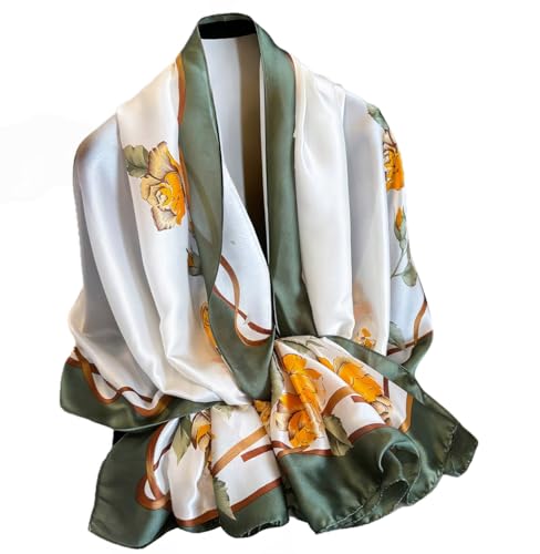 Womens 100% Large Mulberry Silk Scarf Long Satin Scarf Fashion Lightweight Wraps - color: diagonal Yellow Floral Bouquet