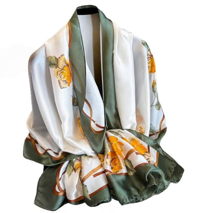 Womens 100% Large Mulberry Silk Scarf Long Satin Scarf Fashion Lightweight Wraps - color: diagonal Yellow Floral Bouquet