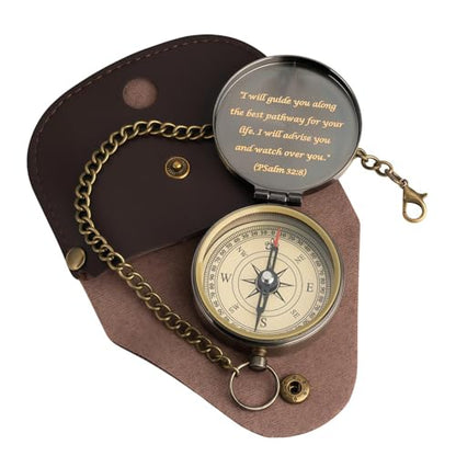 God's Guide & Blessing Compass, Trust in The Lord Compass, Wood Box Greeting, Inspirational Gift Men, Christian Boys Baptism Gifts, Graduation Day with Wooden Box - color: 3.Bronze GOD's Guide & Blessing PU Leather
