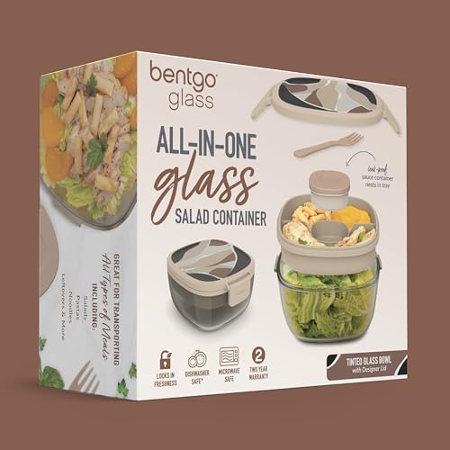 Bentgo Glass Prints Salad Container - 7.6-Cup Tinted Glass Salad Bowl with Airtight Lid, Leak-Proof Sauce Container, 4-Compartment Bento Meal Prep Tray & Reusable Fork (Inky Abstract - Neutrals) - color: Inky Abstract - Neutrals