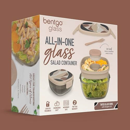 Bentgo Glass Prints Salad Container - 7.6-Cup Tinted Glass Salad Bowl with Airtight Lid, Leak-Proof Sauce Container, 4-Compartment Bento Meal Prep Tray & Reusable Fork (Inky Abstract - Neutrals) - color: Inky Abstract - Neutrals
