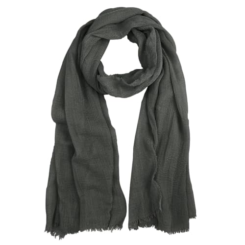 Summer Cotton Blend Crinkle Vintage Soft Scarf with Fringed Edges 35" × 70" - color: Dark Gray