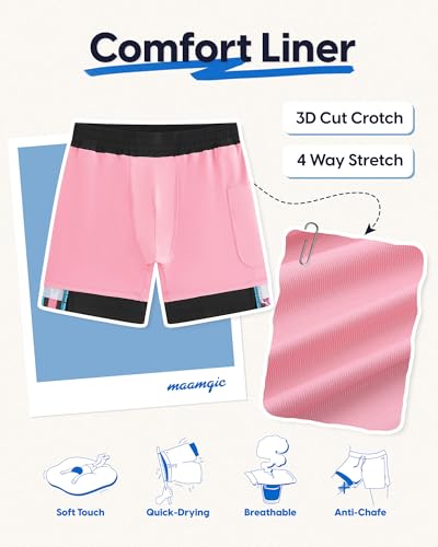 maamgic Mens Swim Trunks - Mens Bathing Suit with Compression Liner 7 Inch Quick Dry Fshion Stretch Zipper Pockets Swimwear - color: 1-black-pink-shark, size: X-Large