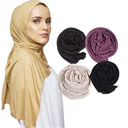 KXY 4 Pieces Stretchy Soft Cotton Shawl Long Jersey Scarf for Women Muslim Plain Wrap Hijab Head Scarf - color: Coffee + Leather Red + Beige + Black