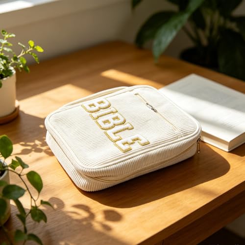 Bible Versatile Storage Carrying Case with Zippered Pocket Beige and Portable Carry Handle, Corduroy Material Bible Pouch with Dedicated Pen Slots for Temple Scriptures